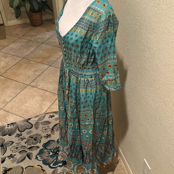 Guadalupe Size M Monaco Midi Dress Turquoise Bohemian Coastal Mediterranean NWT - Picture 5 of 14